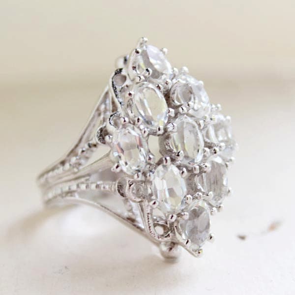 Vintage Ring Cocktail Ring Swarovski Crystals 18k White Gold Silver April Birthstone Large Ornate Rings #R284 - Limited Stock - Never Worn