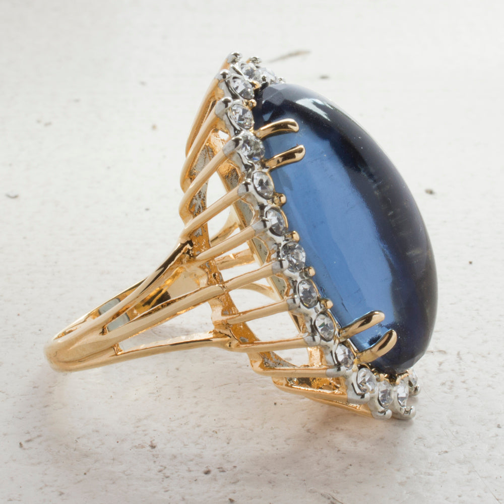 Vintage Ring Sapphire Crystal Surrounded by Clear Crystals Cocktail Ring 18kt Antiqued Yellow Gold Electroplated Made in the USA