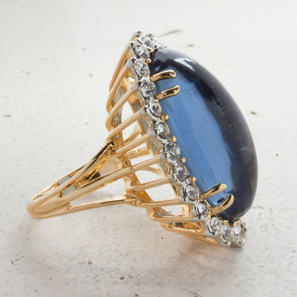 Vintage Ring Sapphire Crystal Surrounded by Clear Crystals Cocktail Ring 18kt Antiqued Yellow Gold Electroplated Made in the USA