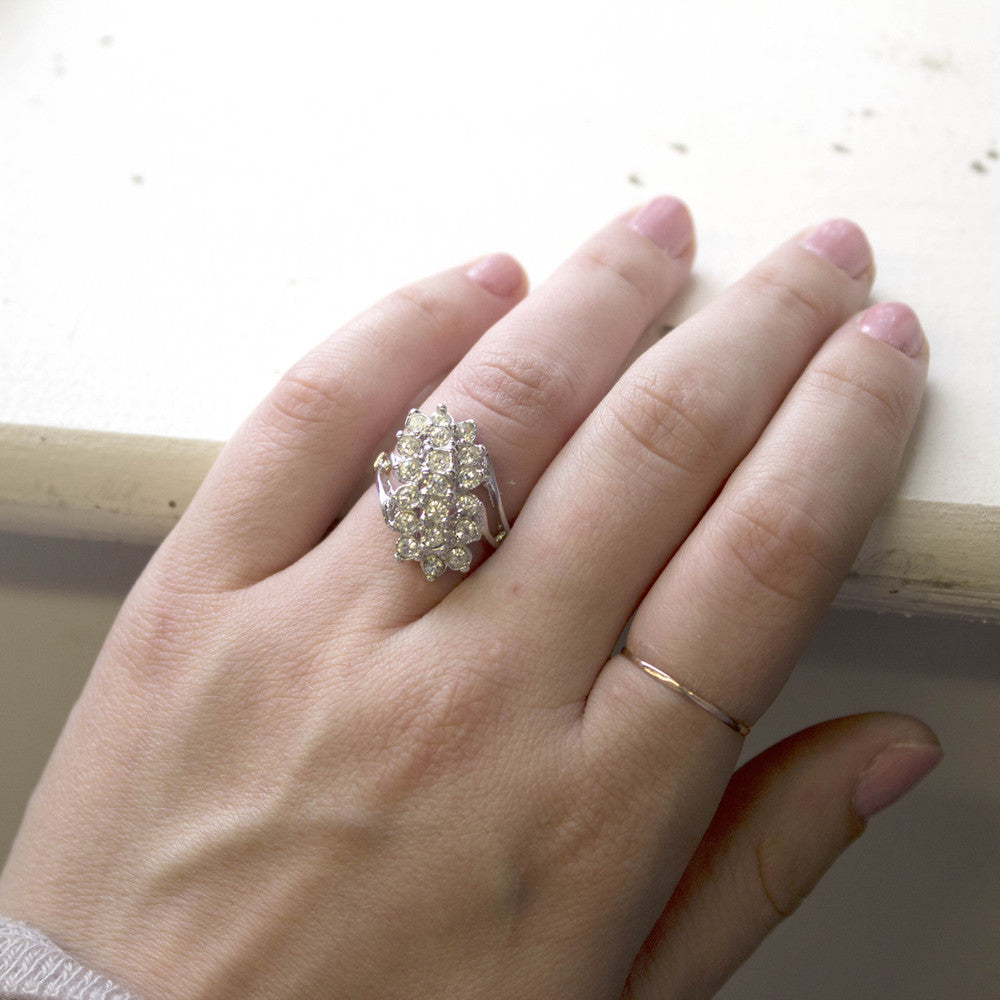 Vintage Jewelry Clear Crystal Cocktail Ring Electroplated with 18kt Yellow Gold Made in the USA
