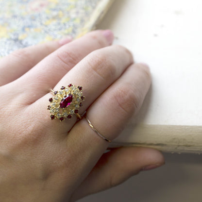 Vintage Ring Ruby Cz Surrounded by Clear and Ruby Austrian Crystals Cocktail Ring or 18kt Yellow Gold Electroplated Made in USA