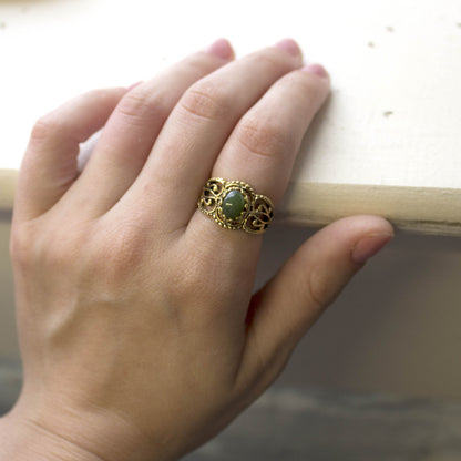 Vintage Genuine Jade Ring -  Antiqued 18kt Yellow Gold Antiqued Electroplated - Made in the USA