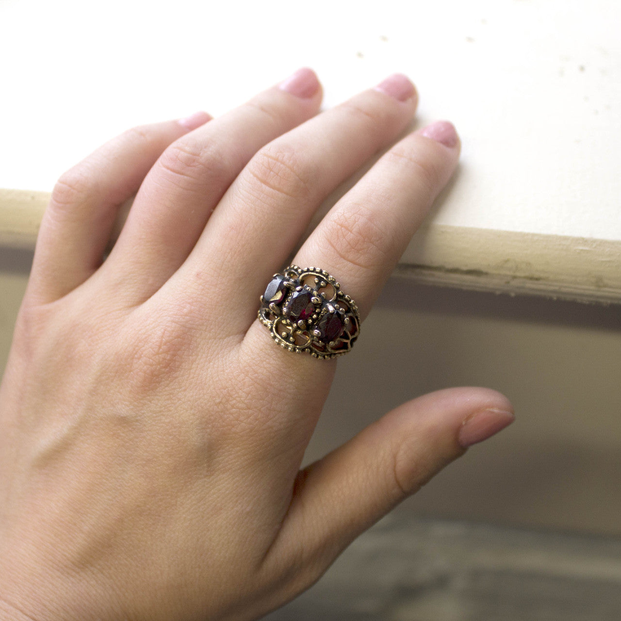 Vintage Garnet Austrian Crystal Cocktail Ring - 18kt Yellow Gold Electroplated - January Birthstone -  Made in the USA