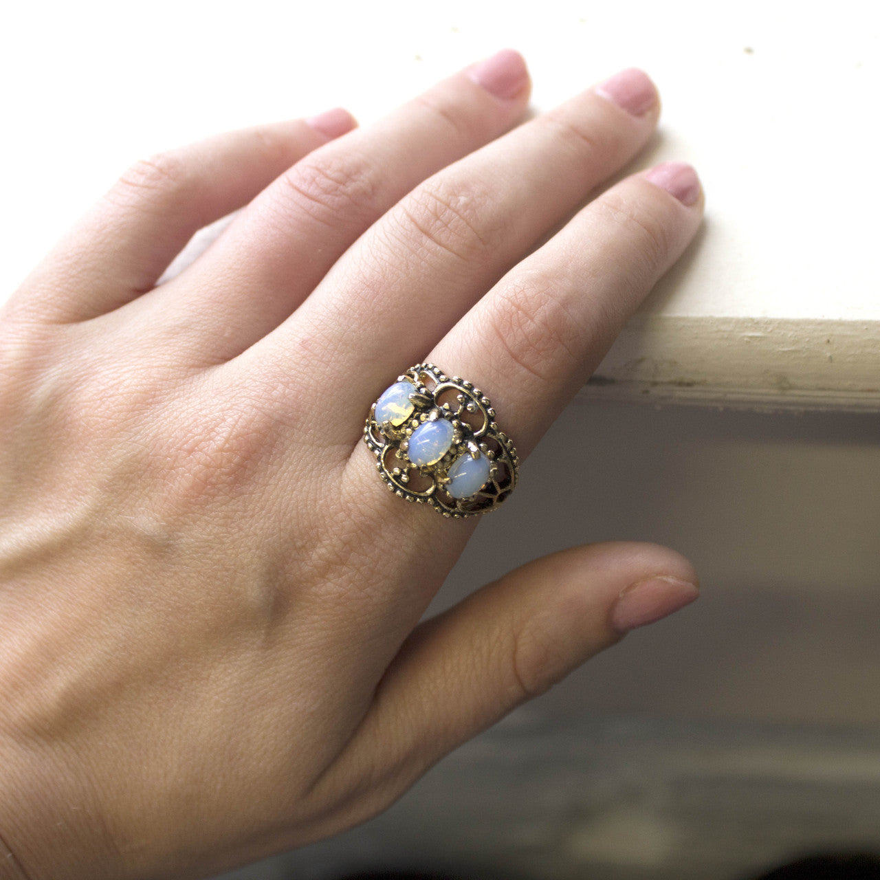 Vintage Pinfire Opal Cabochon Stones Cocktail Ring - 18kt Yellow Gold Electroplated  - October Birthstone - Made in the USA
