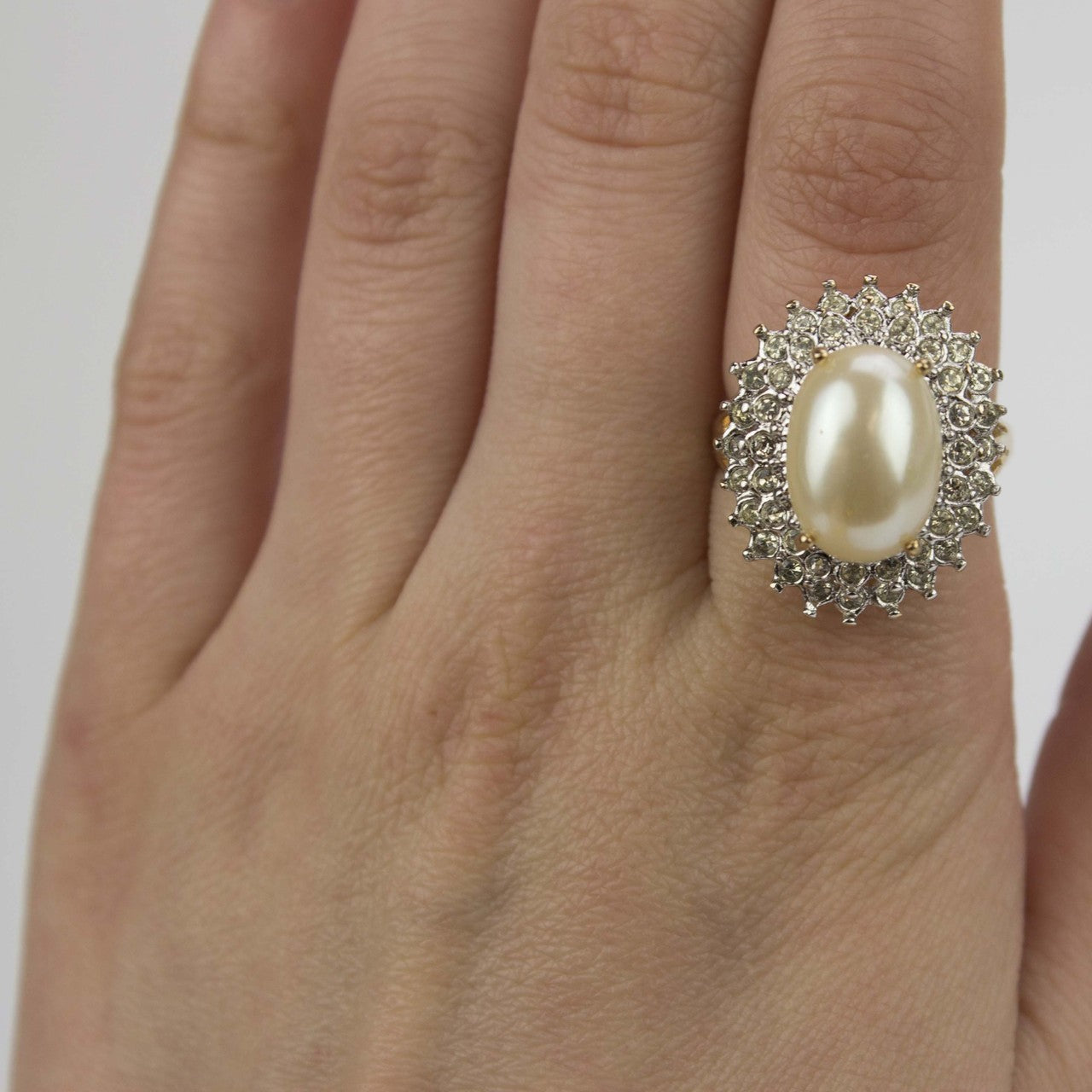 Vintage Jewelry Pearl and Clear Crystal Cocktail Ring in 18kt Gold Electroplate Made in the USA