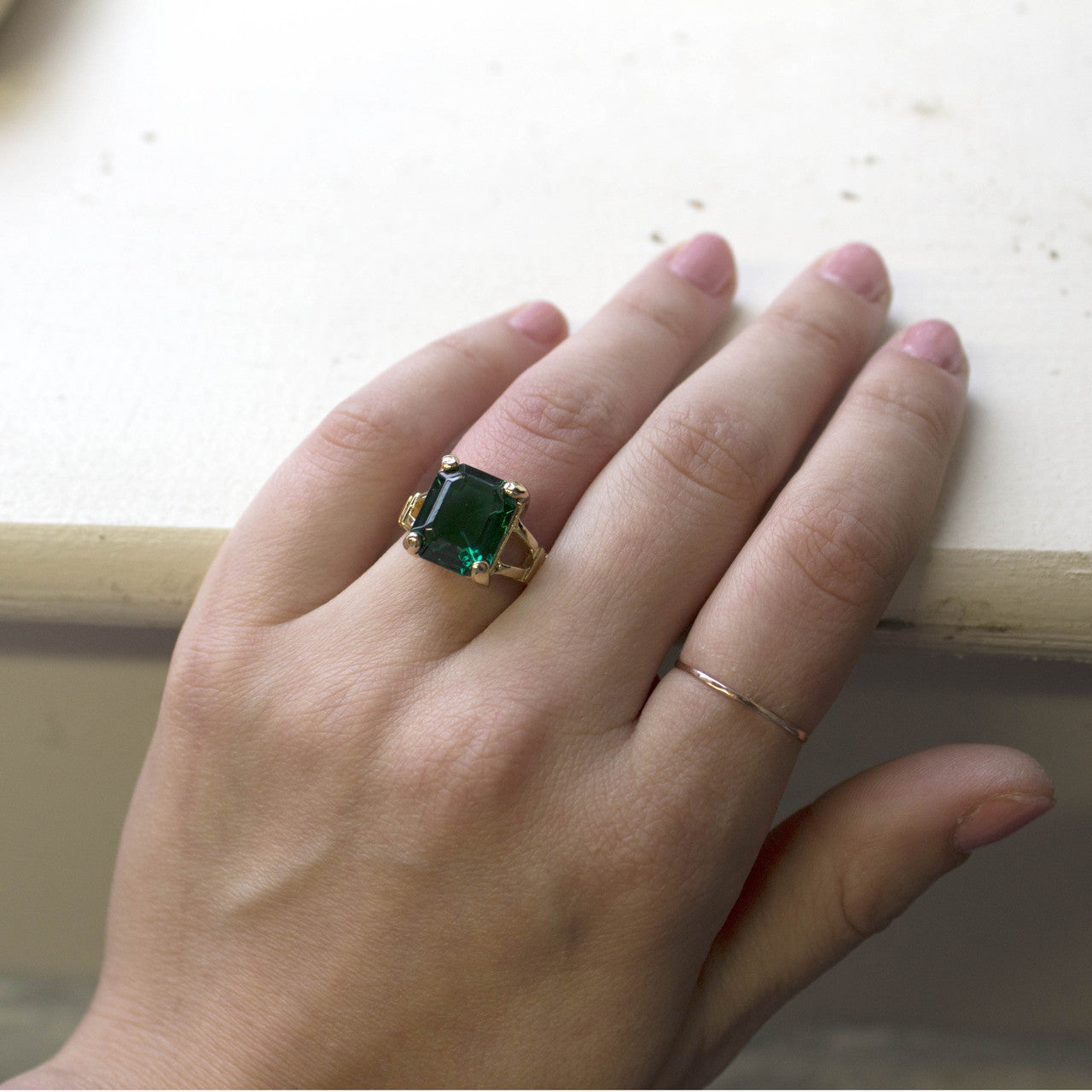 Vintage 1980s Emerald Cut Green Crystal Cocktail Ring - 18k Gold Electroplated - Made in USA jewelry image 1
