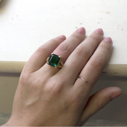 Vintage 1980s Emerald Cut Green Crystal Cocktail Ring - 18k Gold Electroplated - Made in USA jewelry image 1