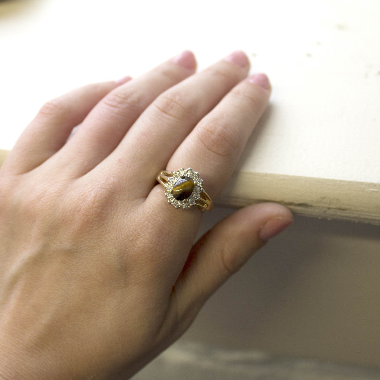 Vintage Genuine Tiger Eye Ring - Clear Austrian Crystals  - 18k Yellow Gold Electroplated - Made in the USA