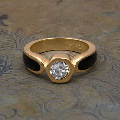 Vintage Ring 1980s Black Enamel Ring with Clear Swarovski Crystals Leaf Motif Antique 18k Gold Plated #R6000 Size 5