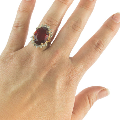 Vintage 1970's Ring Ruby and Clear Austrian Crystals 18k Yellow Gold Plated Band Made in USA