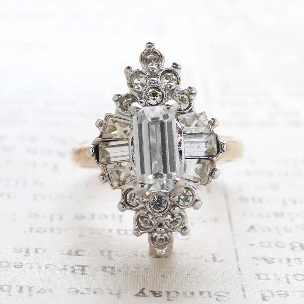 Vintage Clear Cubic Zirconia and Clear Crystal Cocktail Ring Plated in Yellow Gold Tone Made in the USA
