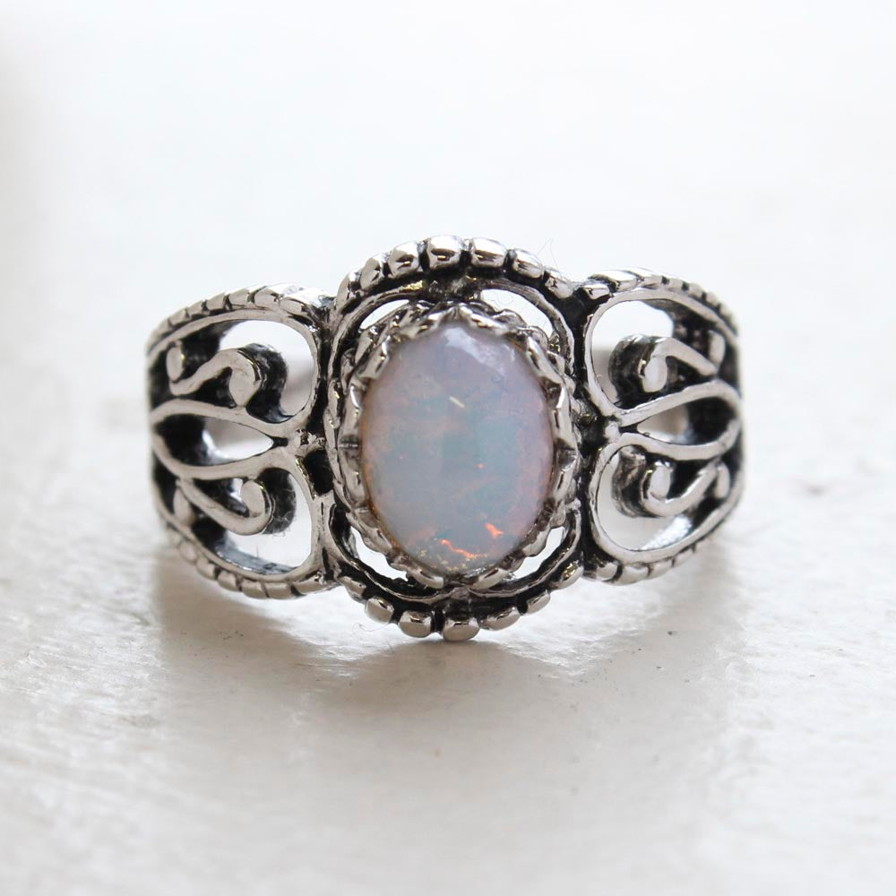 Vintage Harlequin Pinfire Opal Filigree Ring – 18KT HGE Antiqued White Gold Plating – Made in USA jewelry image 1