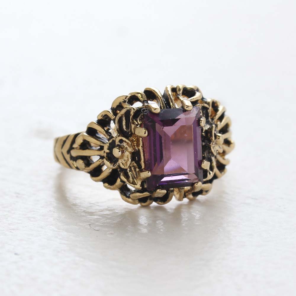 Vintage Emerald Cut Amethyst Austrian Crystal 18kt Antiqued Yellow Gold Plated Filigree Ring jewelry image 1
