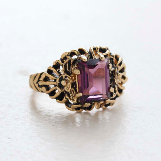 Vintage Emerald Cut Amethyst Austrian Crystal 18kt Antiqued Yellow Gold Plated Filigree Ring jewelry image 1