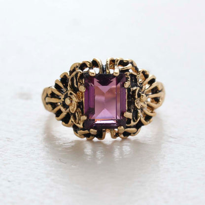Vintage Ring Emerald Cut Amethyst Cz 18kt Antiqued Yellow Gold Plated Filligre Ring Made in the USA February Birthstone