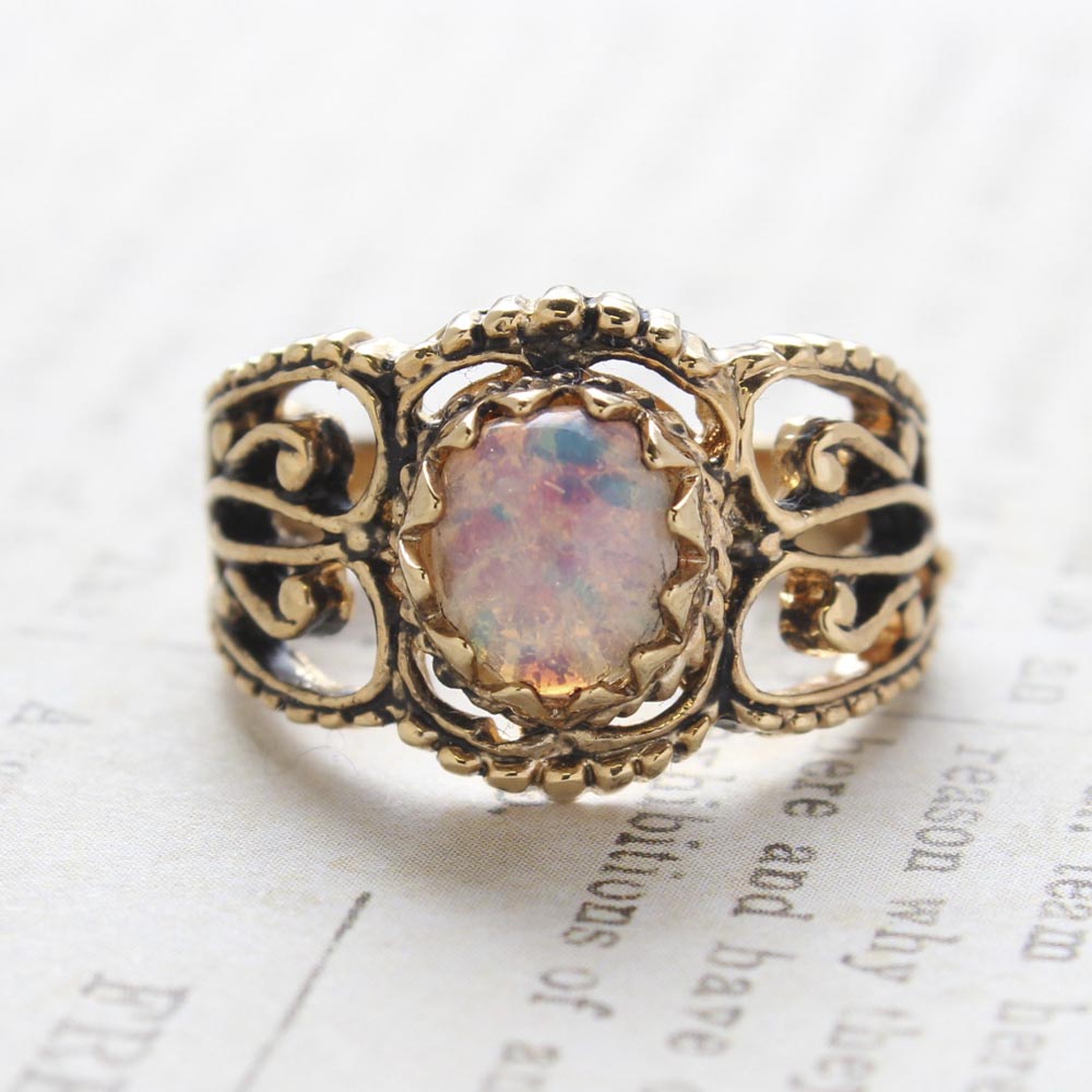 Vintage Harlequin Opal Filigree Ring – 18kt Gold Electroplated, Made in USA jewelry image 1