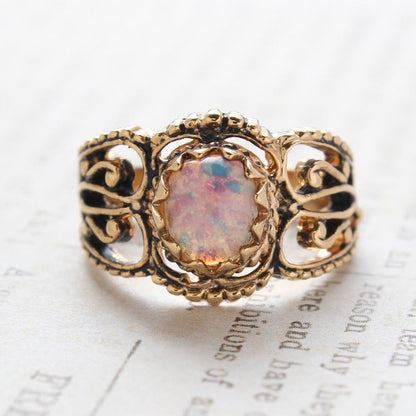 Vintage Harlequin Opal Filigree Ring – 18kt Gold Electroplated, Made in USA jewelry image 1