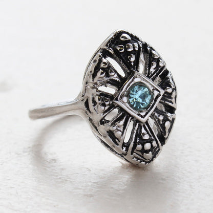 Vintage Aquamarine Austrian Crystal Cocktail Ring - Antiqued 18k White Gold Electroplated - March Birthstone - Made in the USA