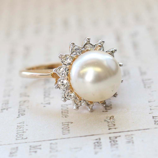 Vintage Ring 1970s Faux Cream Pearl Ring 18k Gold Band with Swarovski Crystals June Birthstone Rings Womans Jewelry #R1273 - LIMITED SUPPLY Size: 6