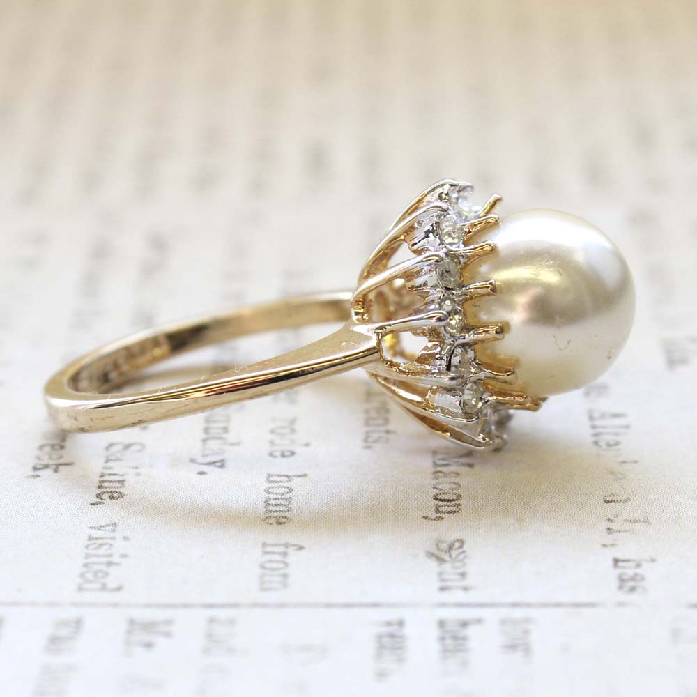 Vintage Pearl Ring - Clear Austrian Crystals - 18kt Yellow Gold Electroplated - June Birthstone - Made in the USA
