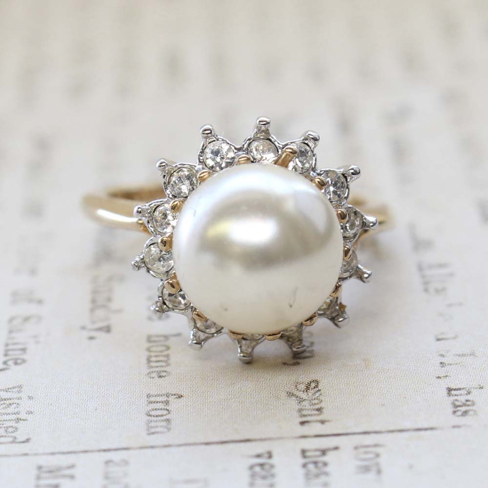 Vintage Pearl Ring - Clear Austrian Crystals - 18kt Yellow Gold Electroplated - June Birthstone - Made in the USA