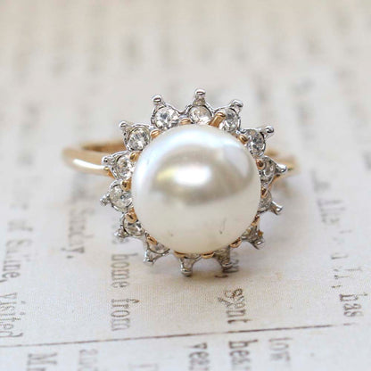 Vintage Pearl Ring - Clear Austrian Crystals - 18kt Yellow Gold Electroplated - June Birthstone - Made in the USA