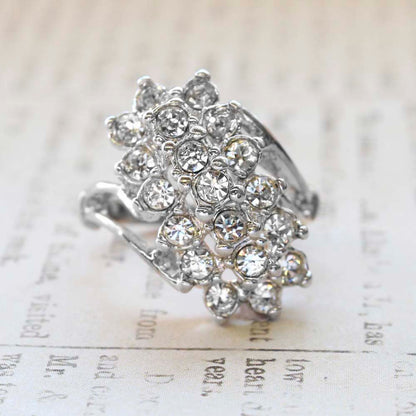 Vintage 1980s Clear Crystal Cocktail Cluster Ring - 18kt White Gold Electroplated - Made in USA jewelry image 1