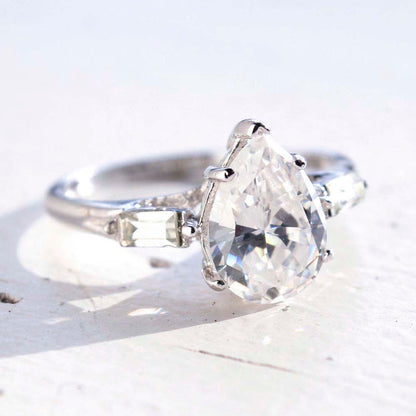 Vintage Ring Pear Cubic Zirconia Engagement Style Ring 18k White Gold Silver Antique Womans Engagement R1897 Size: 10