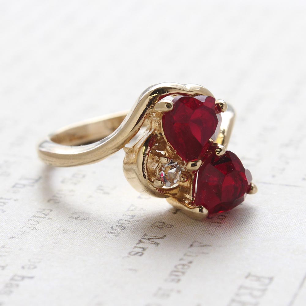Vintage Ring Cubic Zirconia Double Heart Ring 18k Gold Antique Womans Handmade Jewelry R2342