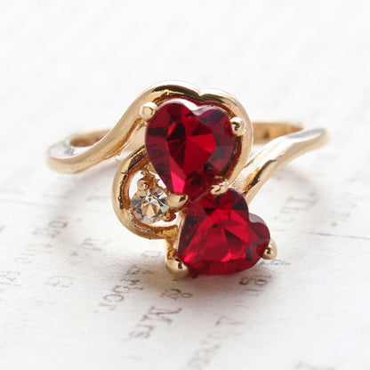 Vintage Ring Cubic Zirconia Double Heart Ring 18k Gold Antique Womans Handmade Jewelry R2342
