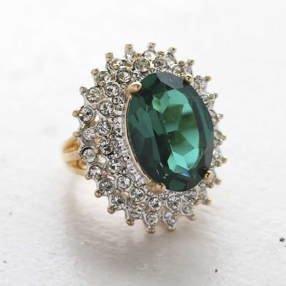 Vintage Jewelry Emerald Cubic Zirconia and Clear Crystal Cocktail Ring in 18kt Gold Electroplate Made in the USA
