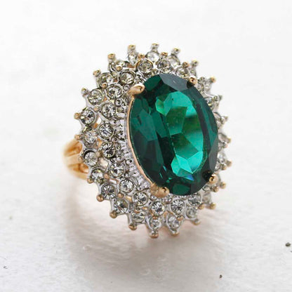 Vintage Jewelry Emerald Cubic Zirconia and Clear Crystal Cocktail Ring in 18kt Gold Electroplate Made in the USA
