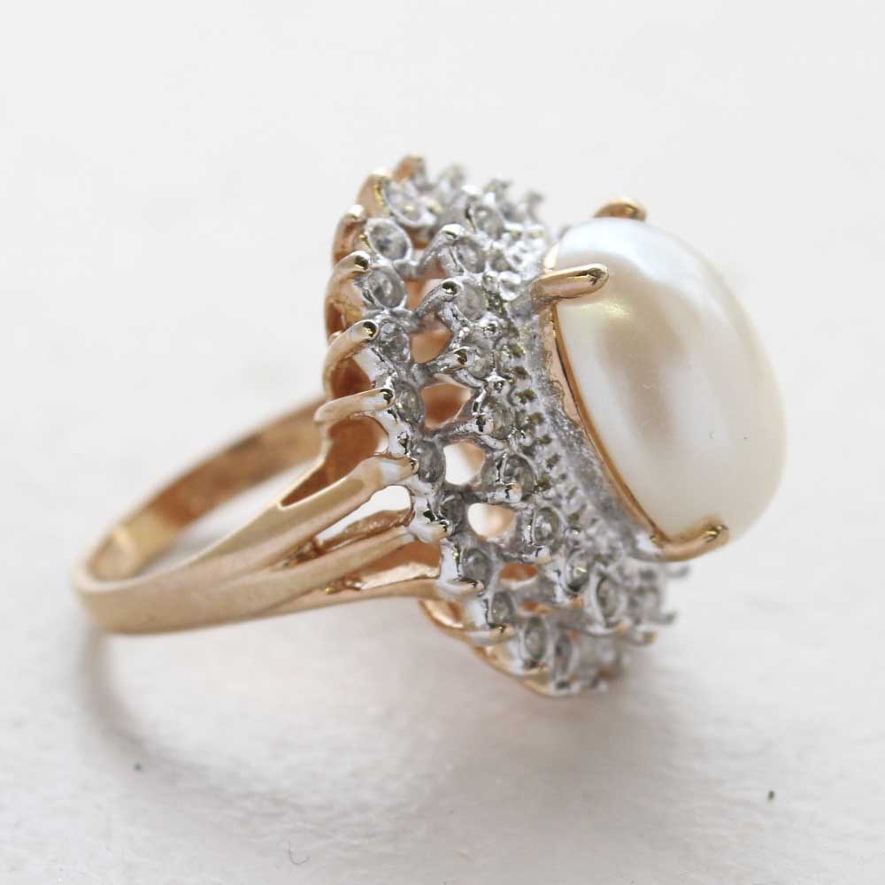 Vintage Jewelry Pearl and Clear Crystal Cocktail Ring in 18kt Gold Electroplate Made in the USA