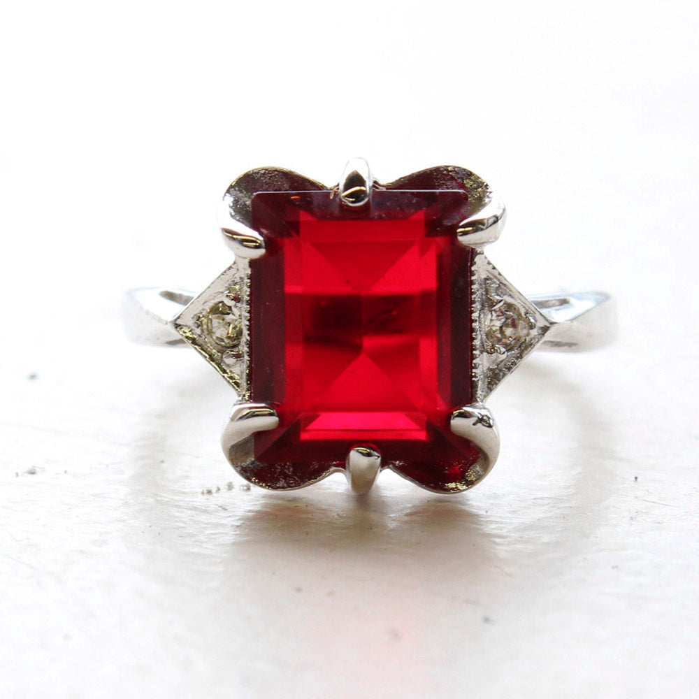 Vintage Emerald Cut Ruby Austrian Crystal 18kt White Gold Electroplated Cocktail Ring – July Birthstone Size 6 jewelry image 1