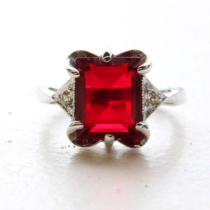 Vintage Emerald Cut Ruby Austrian Crystal 18kt White Gold Electroplated Cocktail Ring – July Birthstone Size 6 jewelry image 1