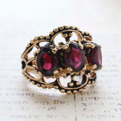 Vintage Garnet Austrian Crystal Cocktail Ring - 18kt Yellow Gold Electroplated - January Birthstone -  Made in the USA