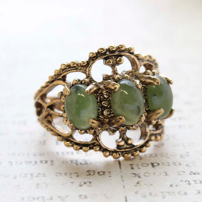 Vintage Genuine Jade Cabochon Stones Cocktail Ring - 18kt Yellow Gold Electroplated - Made in the USA
