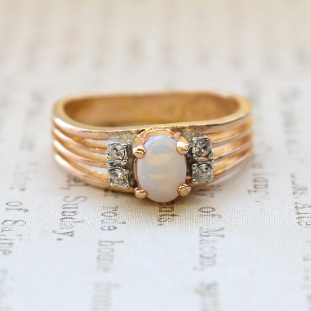 Vintage Genuine Triplet Opal Ring with Austrian Crystal Accents - 18k Gold Plated jewelry image 1