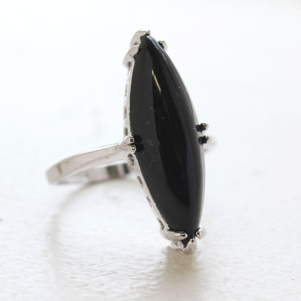 Vintage Genuine Onyx Marquise Cut Ring - 18kt White Gold Electroplated - Made in USA jewelry image 1