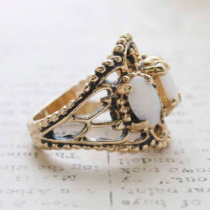 Vintage Genuine Opal Cabochon Stones Cocktail Ring - 18kt Yellow Gold Electroplated - October Birthstone - Made in the USA