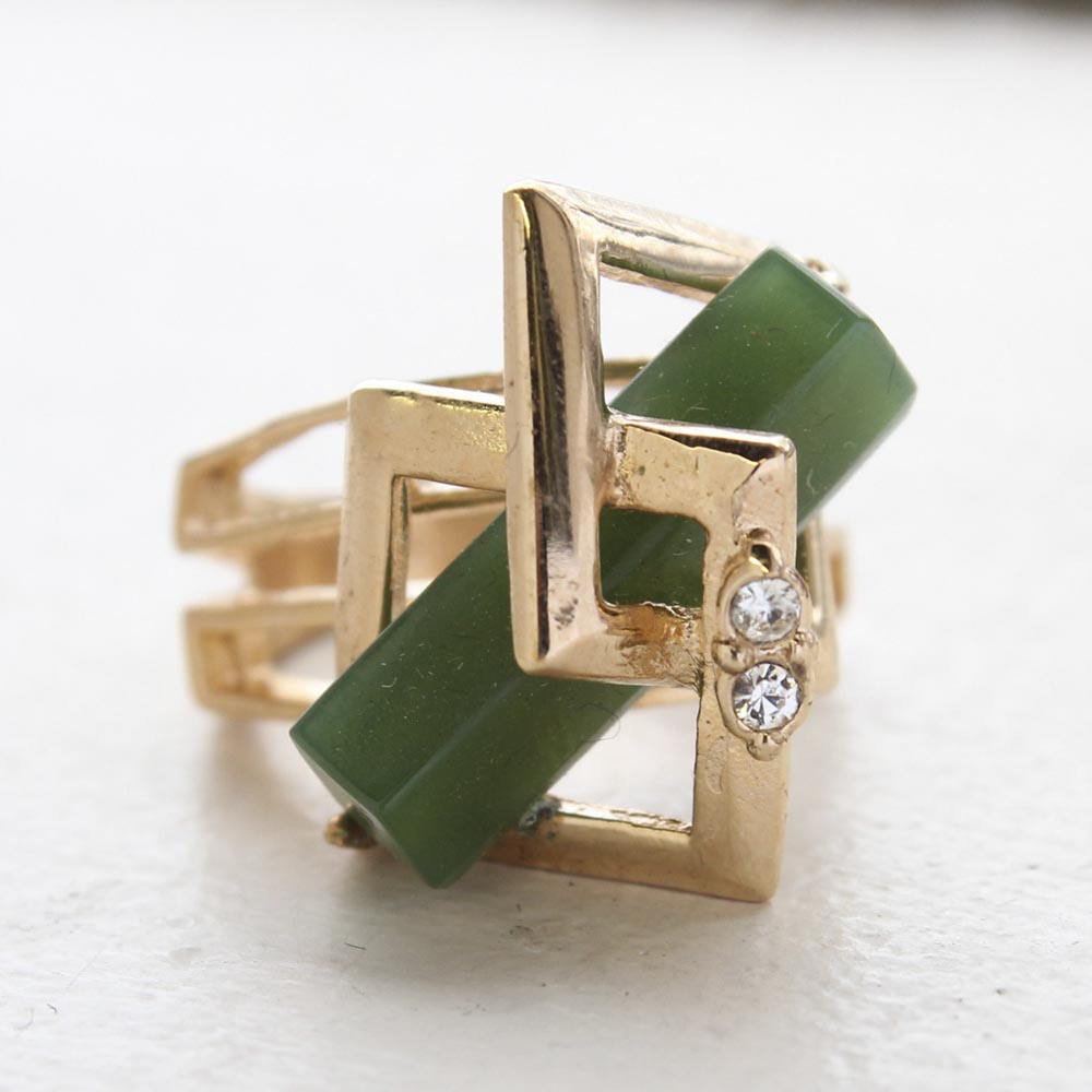 Vintage Ring Retro Glass Jade Clear Crystals 18k Gold Cocktail Ring Antique Womans Jewelry Jade Rings #R368 Size: 5