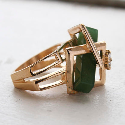Vintage Ring Retro Glass Jade Clear Crystals 18k Gold Cocktail Ring Antique Womans Jewelry Jade Rings #R368 Size: 5