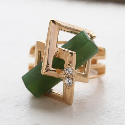 Vintage Ring Retro Glass Jade Clear Crystals 18k Gold Cocktail Ring Antique Womans Jewelry Jade Rings #R368 Size: 5