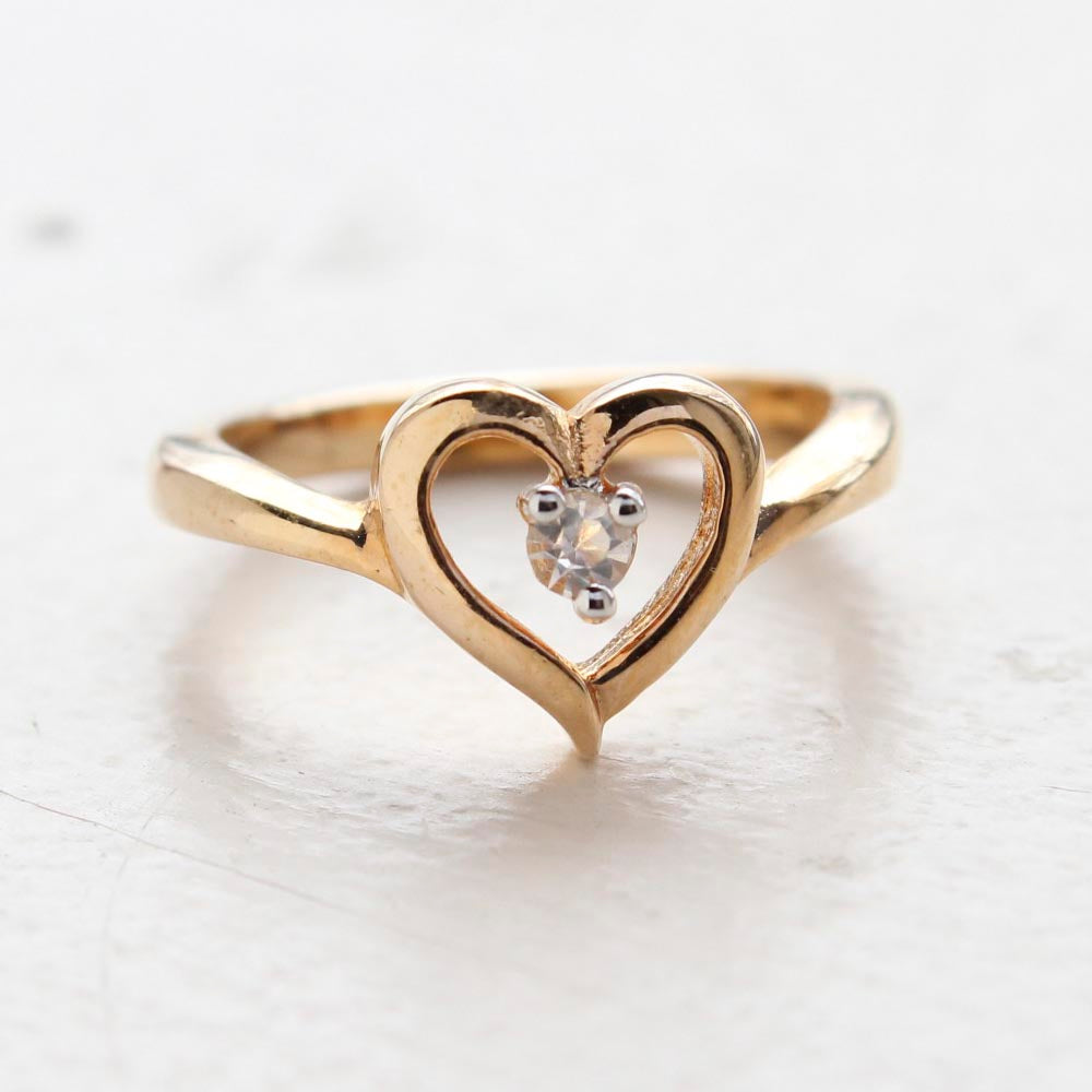 Vintage 1970s Genuine Stone or  Austrian Crystal Heart Ring 18k Yellow Gold Electroplated Made in the USA
