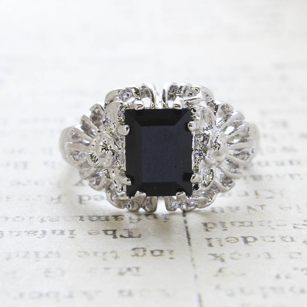 Vintage Emerald Cut Black Austrian Crystal Filigree Ring – 18kt White Gold Electroplated, Made in USA jewelry image 1