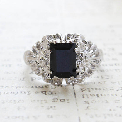 Vintage Emerald Cut Black Austrian Crystal Filigree Ring – 18kt White Gold Electroplated, Made in USA jewelry image 1