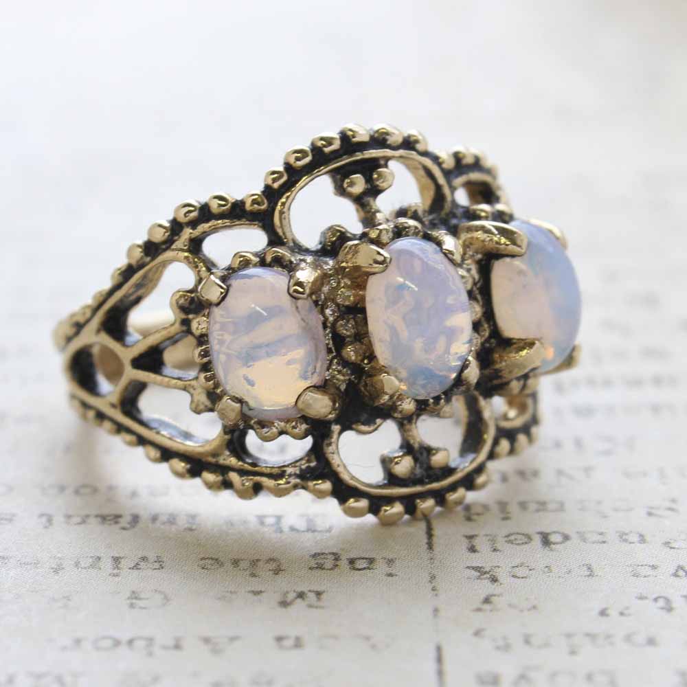 Vintage Pinfire Opal Cabochon Stones Cocktail Ring - 18kt Yellow Gold Electroplated  - October Birthstone - Made in the USA