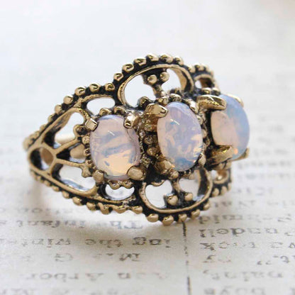 Vintage Pinfire Opal Cabochon Stones Cocktail Ring - 18kt Yellow Gold Electroplated  - October Birthstone - Made in the USA