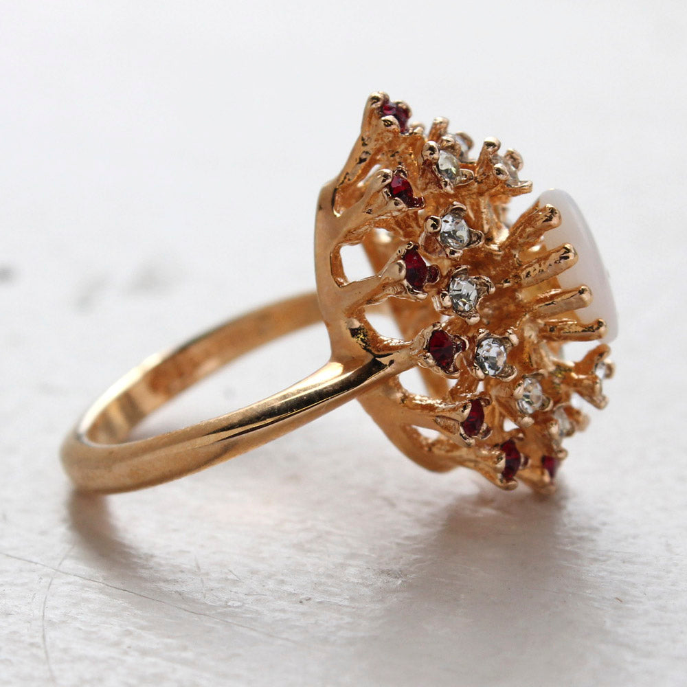 Vintage Ring Genuine Opal Surrounded by Clear and Ruby Austrian Crystals Cocktail Ring 18kt Yellow Gold Electroplated Made in USA