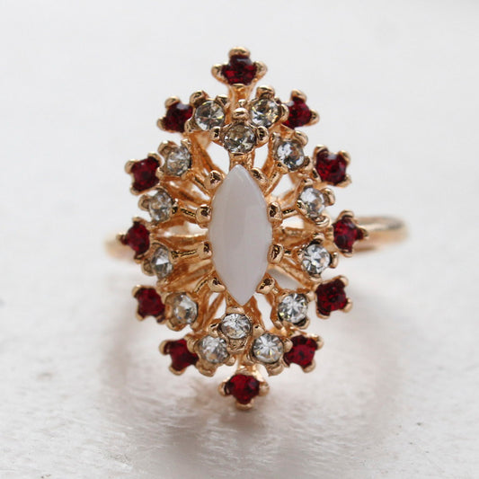 Vintage Ring Genuine Opal Surrounded by Clear and Ruby Austrian Crystals Cocktail Ring 18kt Yellow Gold Electroplated Made in USA